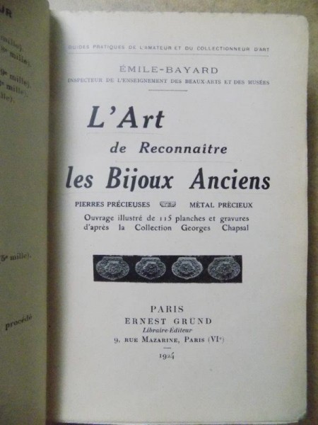 L'ART DE RECONNAITRE LES BIJOUX ANCIENS PARIS 1924