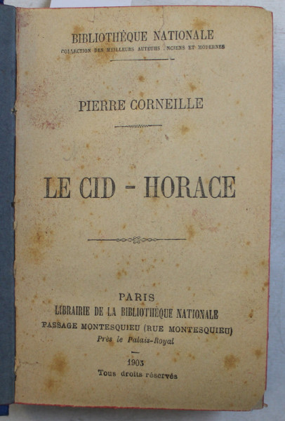 LE CID - HORACE par PIERRE CORNEILLE / ZADIG par VOLTAIRE , COLEGAT DE DOUA CARTI , 1903