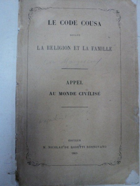 LE CODE COUSA(LA RELIGION ET LA FAMILLE)-M.NICOLAS DE ROSETTI ROSNOVANO 1865