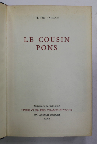 LE COUSIN PONS par H. DE BALZAC , 1965