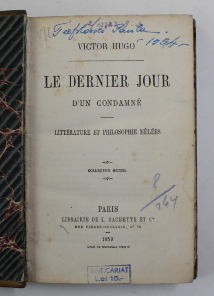 LE DERNIER JOUR D 'UN CONDAMNE - LITTERATURE ET PHILOSOPHIE MELEES  par VICTOR HUGO , 1859