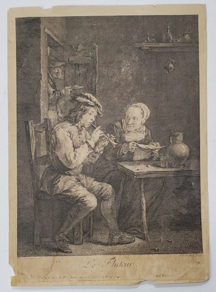 LE FLUTEUR , CANTARET DIN FLUIER , GRAVURA de J.P. LE BAS , 1746