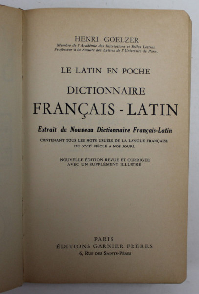 LE LATIN EN POCHE , DICTIONNAIRE FRANCAIS - LATIN par HENRI GOELZER , 1970