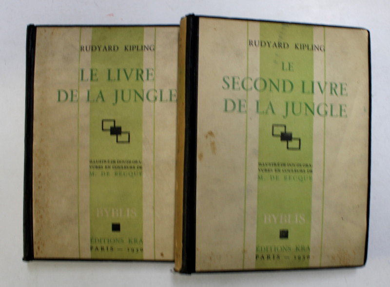 LE LIVRE DE LA JUNGLE / LE SECOND LIVRE DE LA JUNGLE par RUDYARD KIPLING , 2 VOLUME , FIECARE VOLUM  ESTE ILUSTRAT CU 12 GRAVURI COLOR de M. DE BECQUE , 1930, EXEMPLAR 1209 DIN 3300 *