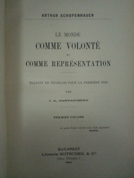 LE MONDE COMME VOLONTE ET COMME REPRESENTATION de ARTHUR SCHOPENHAUER, VOL.I, BUC. 1885