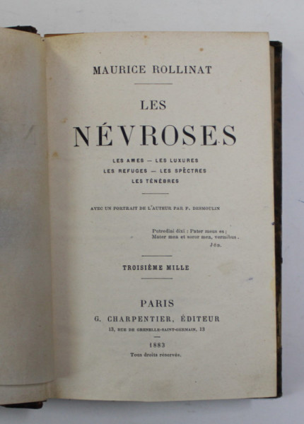 LE NEVROSES - POEMS par MAURICE ROLLINAT , 1883 , PREZINTA INSEMNARI CU STILOUL *
