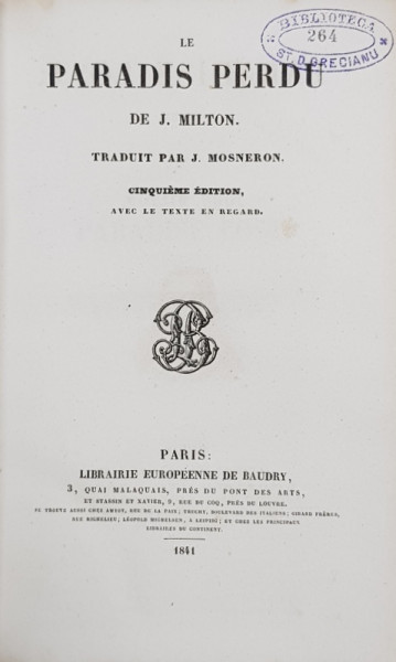 LE PARADIS PERDU de J. MILTON , EN ANGLAIS ET EN FRANCAIS , 1841