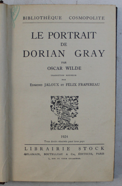 LE PORTRAIT DE DORIAN GRAY par OSCAR WILDE , 1924