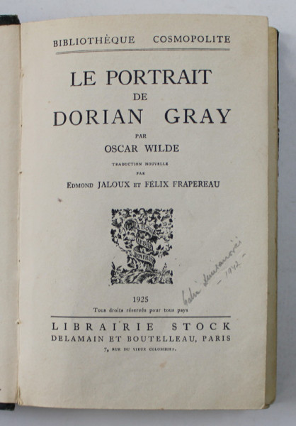LE PORTRAIT DE DORIAN GRAY par OSCAR WILDE ,  1925