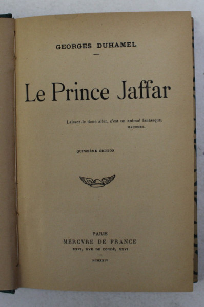 LE PRINCE JAFFAR par GEORGES DUHAMEL , 1924