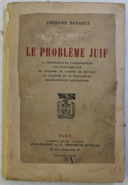 LE PROBLEME JUIF par GEORGES BATAULT , 1919