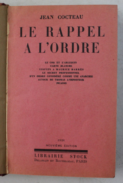 LE RAPPEL A L' ORDRE par  JEAN COCTEAU  1926
