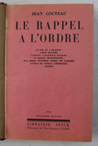 LE RAPPEL A L' ORDRE par  JEAN COCTEAU  1926