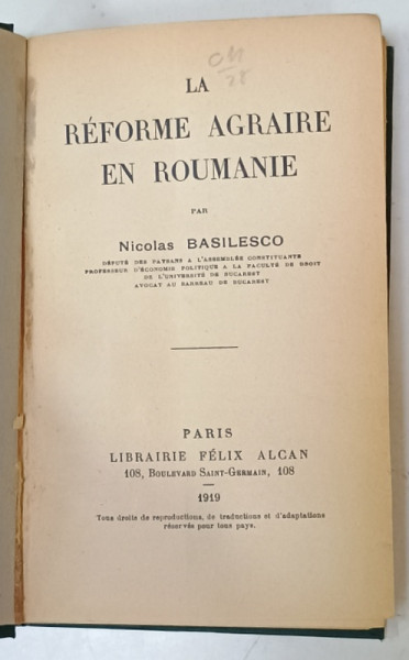 LE REFORME AGRAIRE EN ROUMANIE par NICOLAS BASILESCO  , 1918
