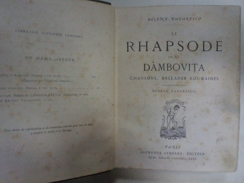 LE RHAPSODE DE LA DAMBOVITA  de HELENE VACARESCO, PARIS