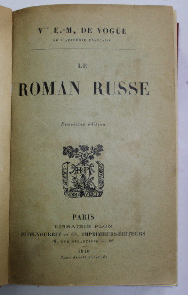 LE ROMAN RUSSE par Vte E.- M. DE VOGUE , 1910