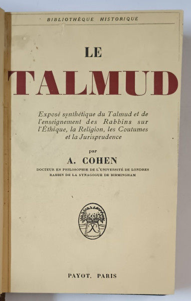LE TALMUD par A. COHEN, 1933