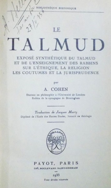 LE TALMUD par A. COHEN, 1933