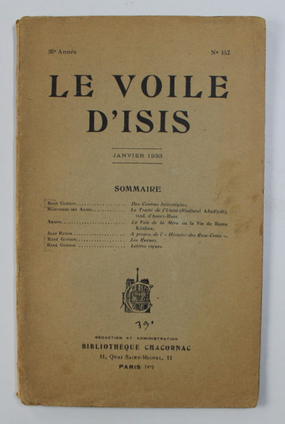 LE VOILE D 'ISIS -  (REVISTA EZOTERICA  - IN CUPRINS ARTICOLE SEMNATE DE RENE GUENON SI ALTII )  , No. 157 , JANVIER 1933