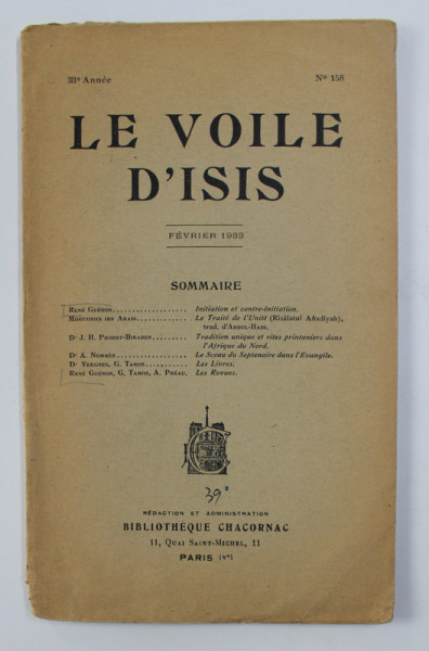 LE VOILE D 'ISIS -  (REVISTA EZOTERICA  - IN CUPRINS ARTICOLE SEMNATE DE RENE GUENON SI ALTII )  , No. 158 , FEVRIER 1933