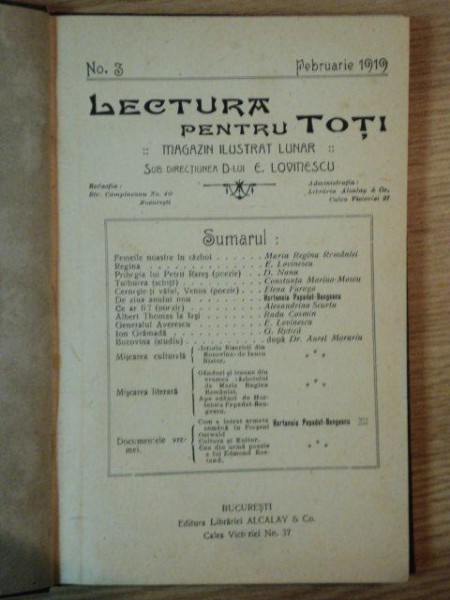 LECTURA PENTRU TOTI, MAGAZIN  ILUSTRAT LUNAR SUB DIRECTIUNEA LUIE. LOVINESCU- FEBRUARIE 1919
