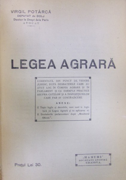 LEGEA AGRARĂ de VIRGIL POTÂRCĂ (1921)
