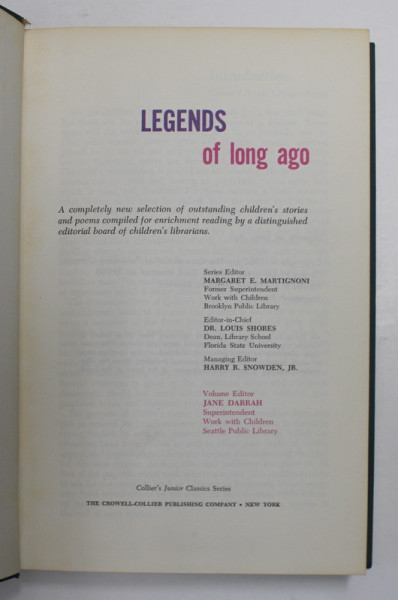 LEGENDS OF LONG AGO , volume editor JANE DARRAH  , 1962