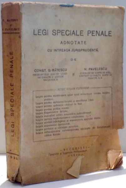 LEGI SPECIALE PENALE ADNOTATE CU INTREAGA JURISPRUDENTA de CONST. G. RATESCU SI N. PAVELESCU , 1935