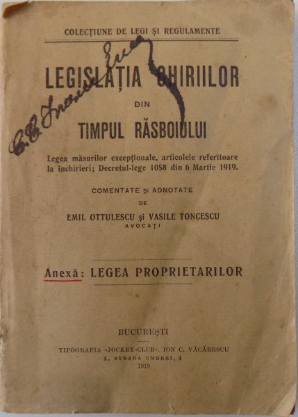 LEGISLATIA CHIRIILOR DIN TIMPUL RAZBOIULUI , 1919