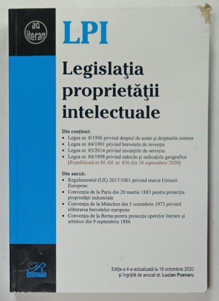 LEGISLATIA PROPRIETATII INTELECTUALE de LUCIAN POENARU , 2020
