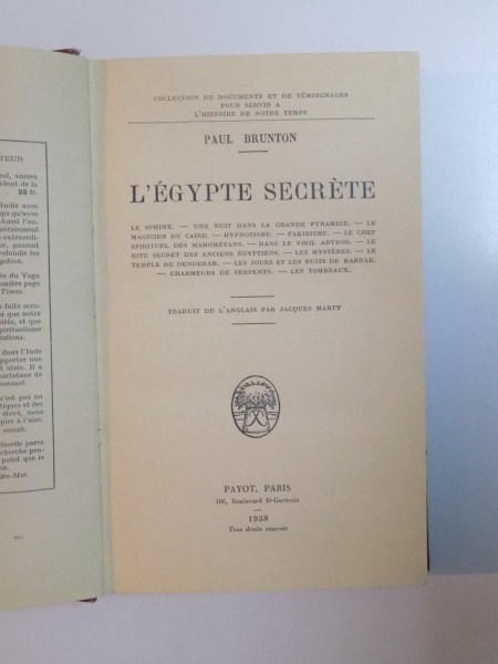 L'EGYPTE SECRETE par PAUL BRUNTON,  PARIS  1938