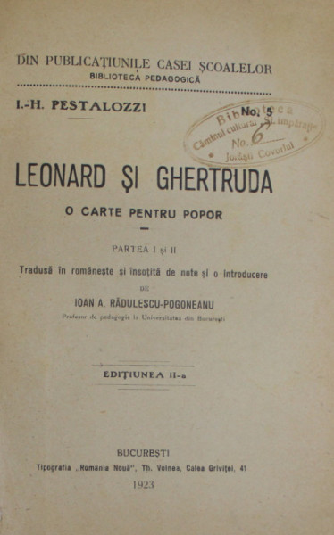 LEONARD SI GHERTRUDA. O CARTE PENTRU POPOR, PARTEA I si II  1923