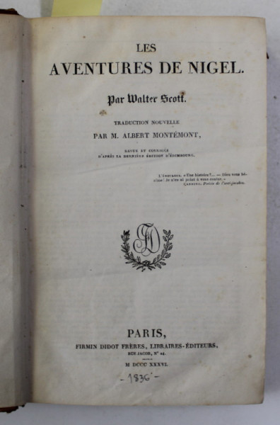 LES AVENTURES DE NIGEL / LA MONASTERE par WALTER SCOTT , COLEGAT DE DOUA CARTI , 1836