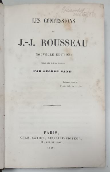 LES CONFESSIONS de J. - J. ROUSSEAU  , 1847
