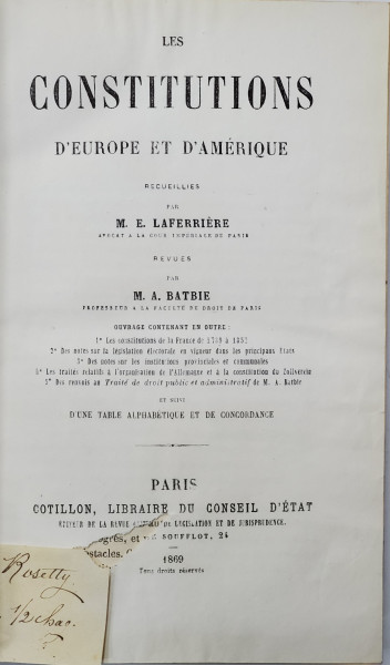 LES CONSTITUTIONS D'EUROPE ET D'AMERIQUE par M.E. LAFERRIERE, M.A. BATBIE, PARIS  1869