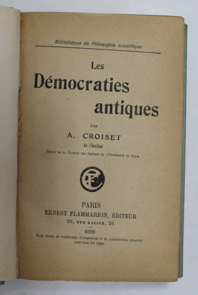 LES DEMOCRATIES ANTIQUES par A . CROISET , 1920