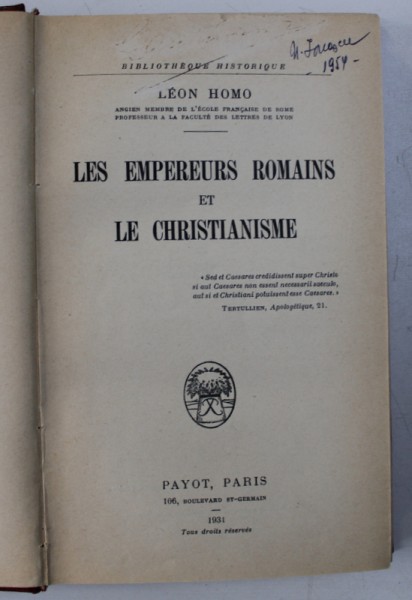 LES EMPEREURS ROMAINS ET LE CHRISTIANISME par LEON HOMO , 1931