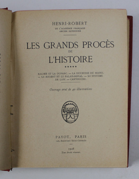 LES GRANDS PROCES DE L ' HISTOIRE  , VOL. V-VI par HENRI - ROBERT , COLEGAT DE DOUA CARTI ,  1928-1935