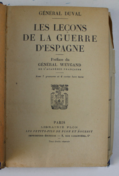 LES LECONS DE LA GUERRE D ' ESPAGNE par GENERAL DUVAL , 1938
