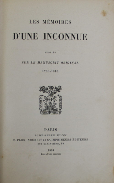 LES MEMOIRES D 'UNE INCONNUE , 1894 , CONTINE EX LIBRIS