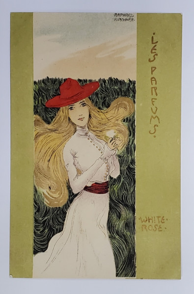 LES PARFUMES WHITE ROSE , CROMOLITOGRAFIE DUPA O GRAVURA de RAPHAEL KIRCHNER , TIP CARTE POSTALA , CLASICA