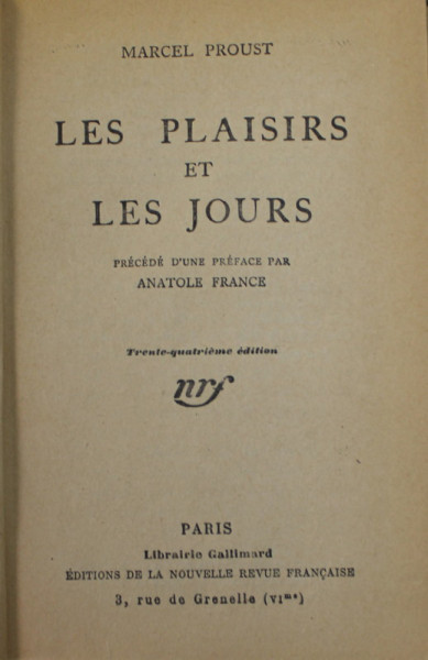 LES PLAISIRS ET LES JOURS par MARCEL PROUST , 1927
