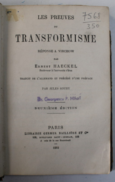 LES PREUVES DU TRANSFORMISME par ERNEST HAECKEL , 1882