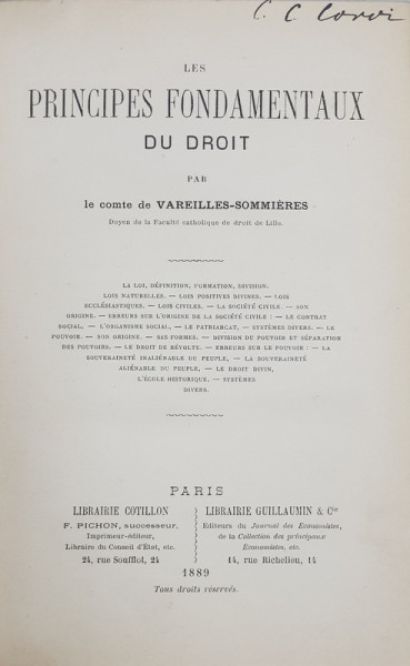 LES PRINCIPES FONDAMENTAUX DU DROIT par VEREILLES-SOMMIERES - PARIS, 1889
