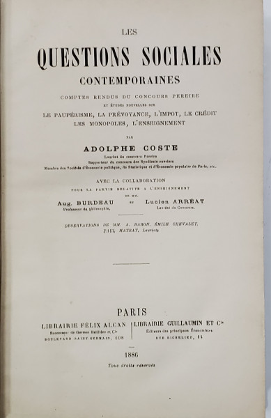 LES QUESTIONS SOCIALES CONTEMPORAINES par ADOLPHE COSTE , 1886
