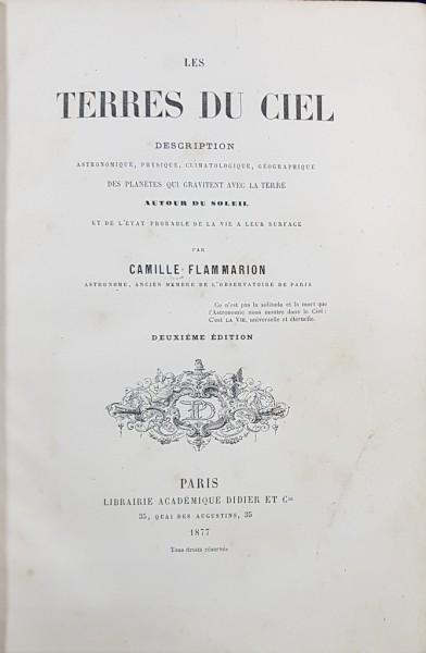 LES TERRES DU CIEL par CAMILLE FLAMMARION - PARIS, 1877