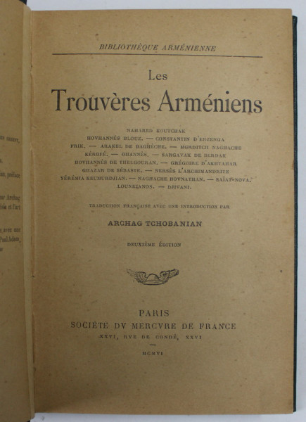 LES TROUVERES ARMENIENS by ARCHAG TCHOSANIAN , 1906