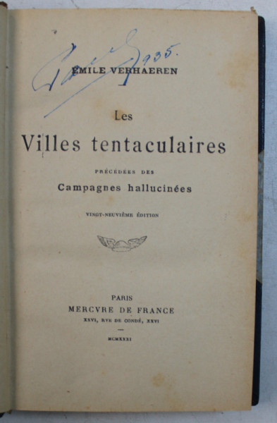 LES VILLES TENTACULAIRES precedees des CAMPAGNES HALLUCINEES par EMILE VERHAEREN , 1931