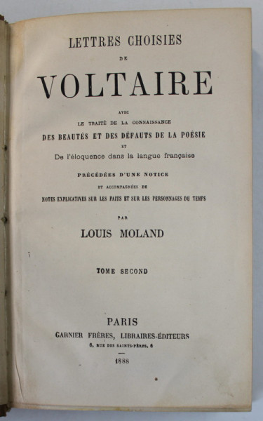 LETTRES CHOISIES de VOLTAIRE , TOME SECOND , 1888
