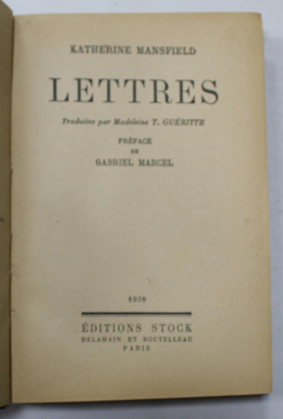 LETTRES de KATHERINE MANSFIELD , preface par GABRIEL MARCEL ,  1938